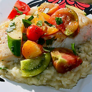 Pan-Seared Halibut with Marinated Heirloom Tomato &amp; Baby Summer Squash - Viva Oliva