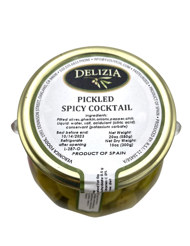 Delizia Spicy Pickled Cocktail - Olives, Pearl Onions, Gherkins, and Chili