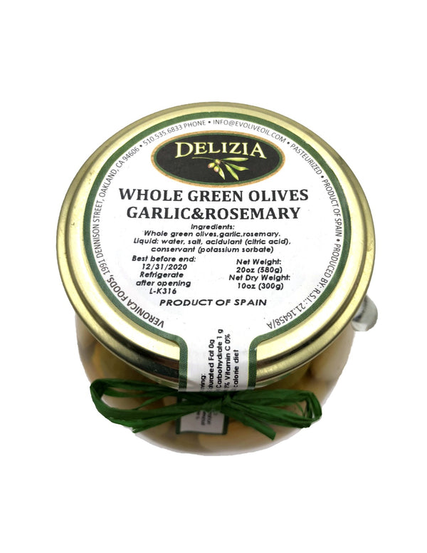 Delizia Whole Green Olives with Garlic & Rosemary Viva Oliva