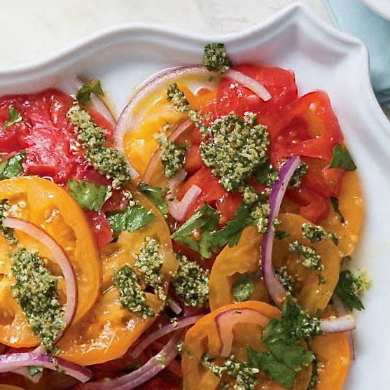 Heirloom Tomatoes with Spicy Cilantro Pesto