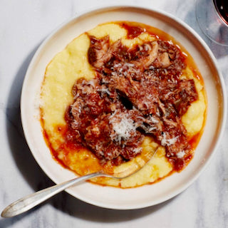 Slow-Braised Pork with Tomato-Fennel Sugo over Fried Polenta