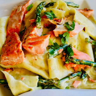 Grilled Wild Salmon and Asparagus in Lemon Cream Sauce over Parpadelle