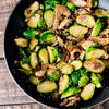 Caramelized Brussels & Mushrooms with Pomegranate Balsamic