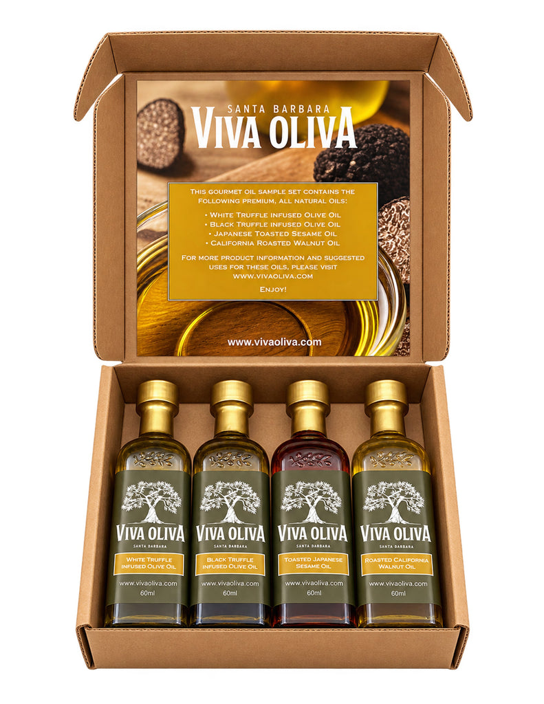 Open gift box with four 60ml gourmet oils including truffle and sesame oil