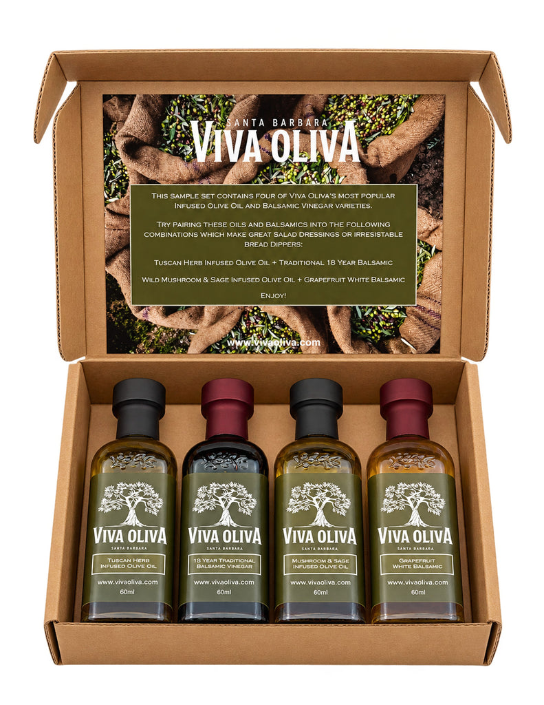Open gift box with four 60ml infused olive oils and balsamic vinegars