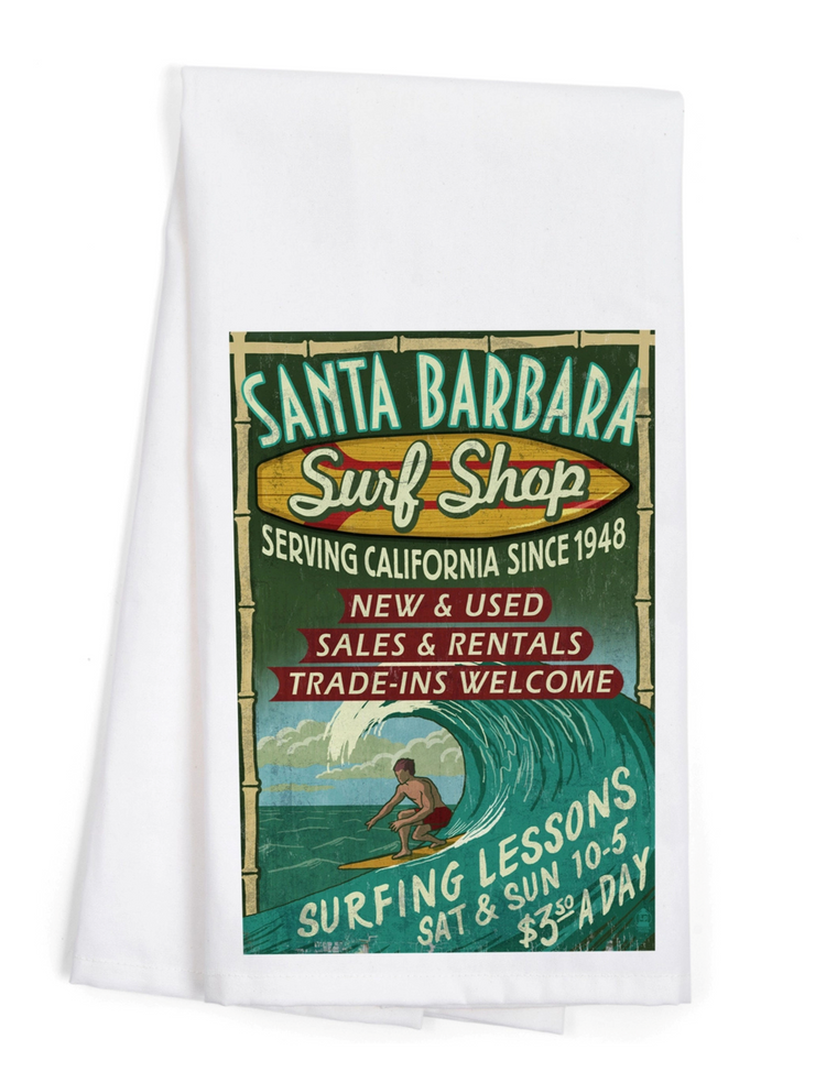 Organic cotton Santa Barbara tea towel with vintage surf shop sign