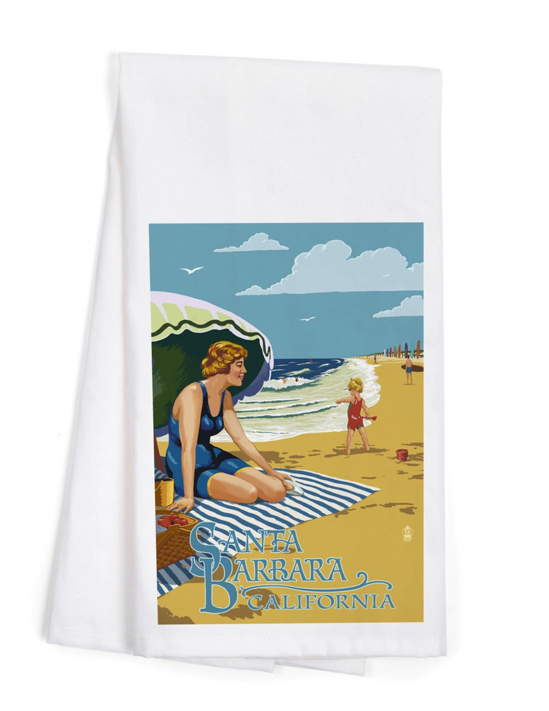 Organic Cotton Santa Barbara Tea Towel: Woman on Beach