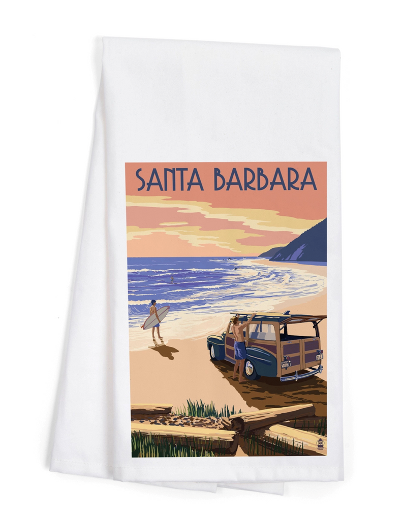 Organic Cotton Santa Barbara Tea Towel: Woody on Beach