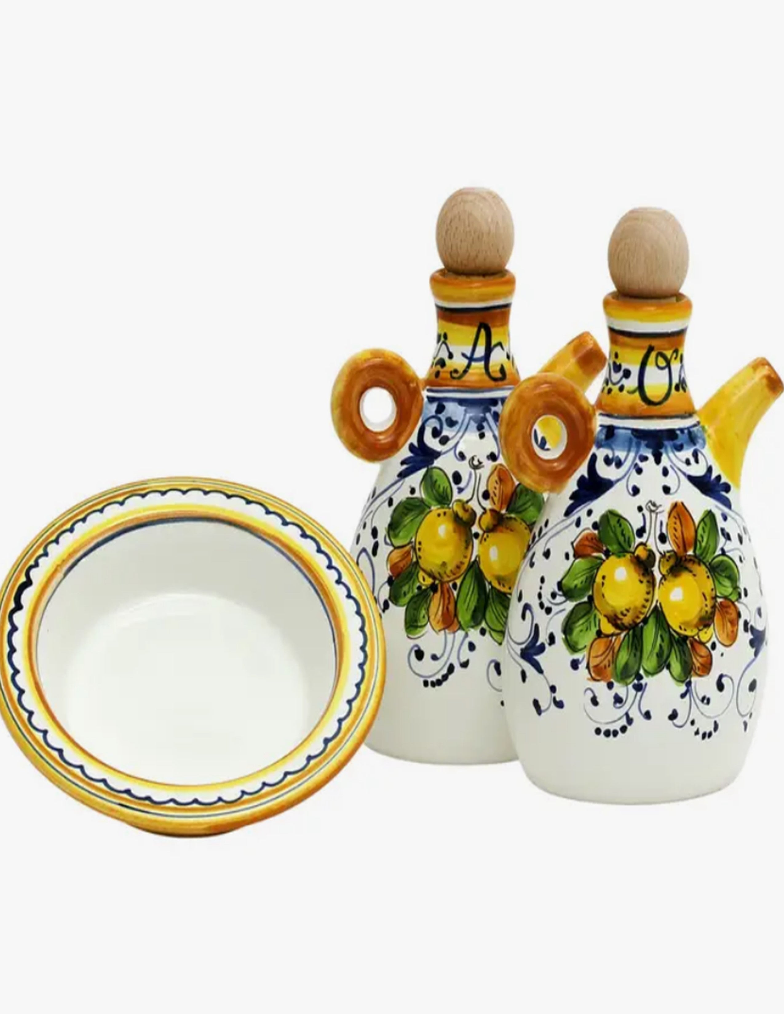 Olio E Aceto, Vintage Hand Crafted Oil and Vinegar Set From Deruta, Italy,  1970s 